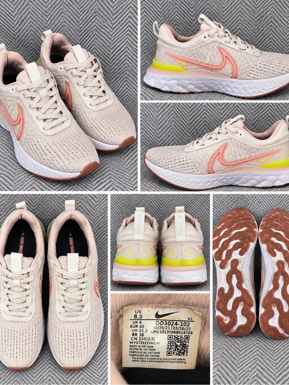 Nike Women’s Sneakers - Light Pink with Coral Swoosh and Neon Yellow Heel